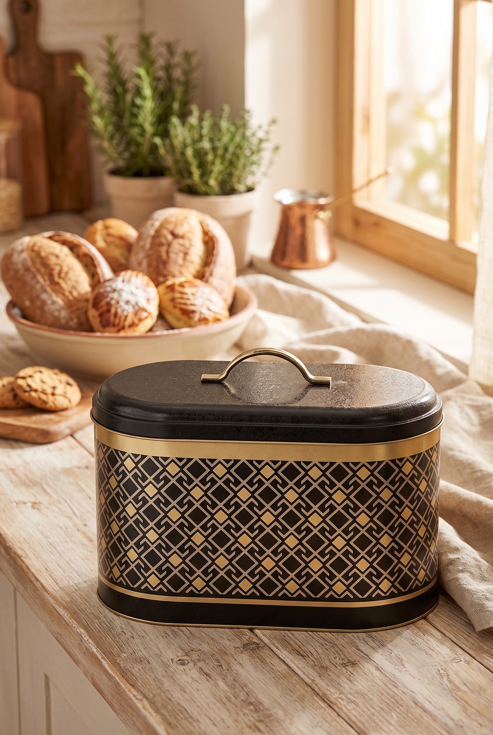Lüks Art Deco Siyah & Altın Oval Metal Ekmek Kutusu - 10,4 Lt (178x338x200 mm) — Ekmeklik — görsel 1 / 5 — Tinbox