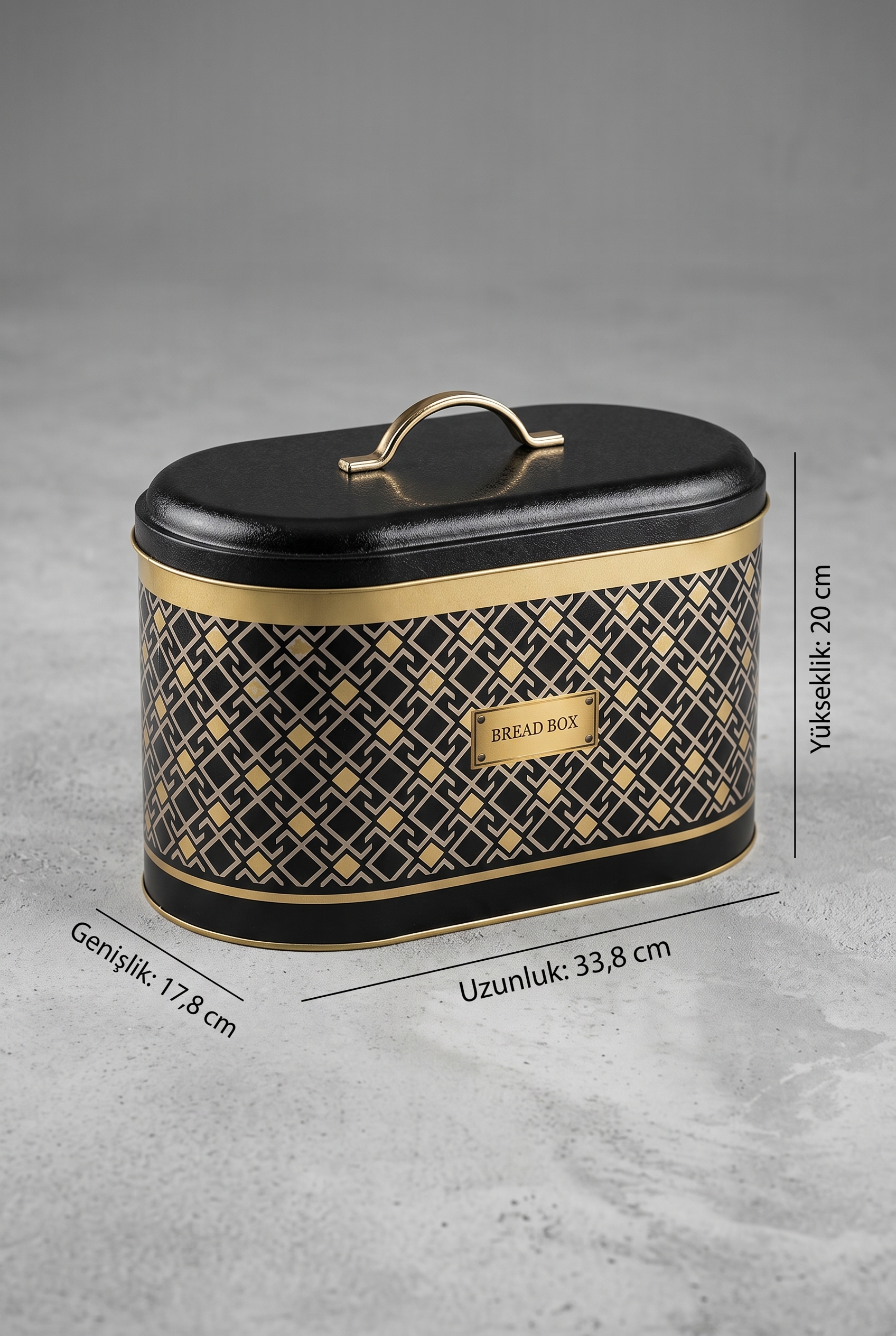 Lüks Art Deco Siyah & Altın Oval Metal Ekmek Kutusu - 10,4 Lt (178x338x200 mm) — Ekmeklik — görsel 3 / 5 — Tinbox