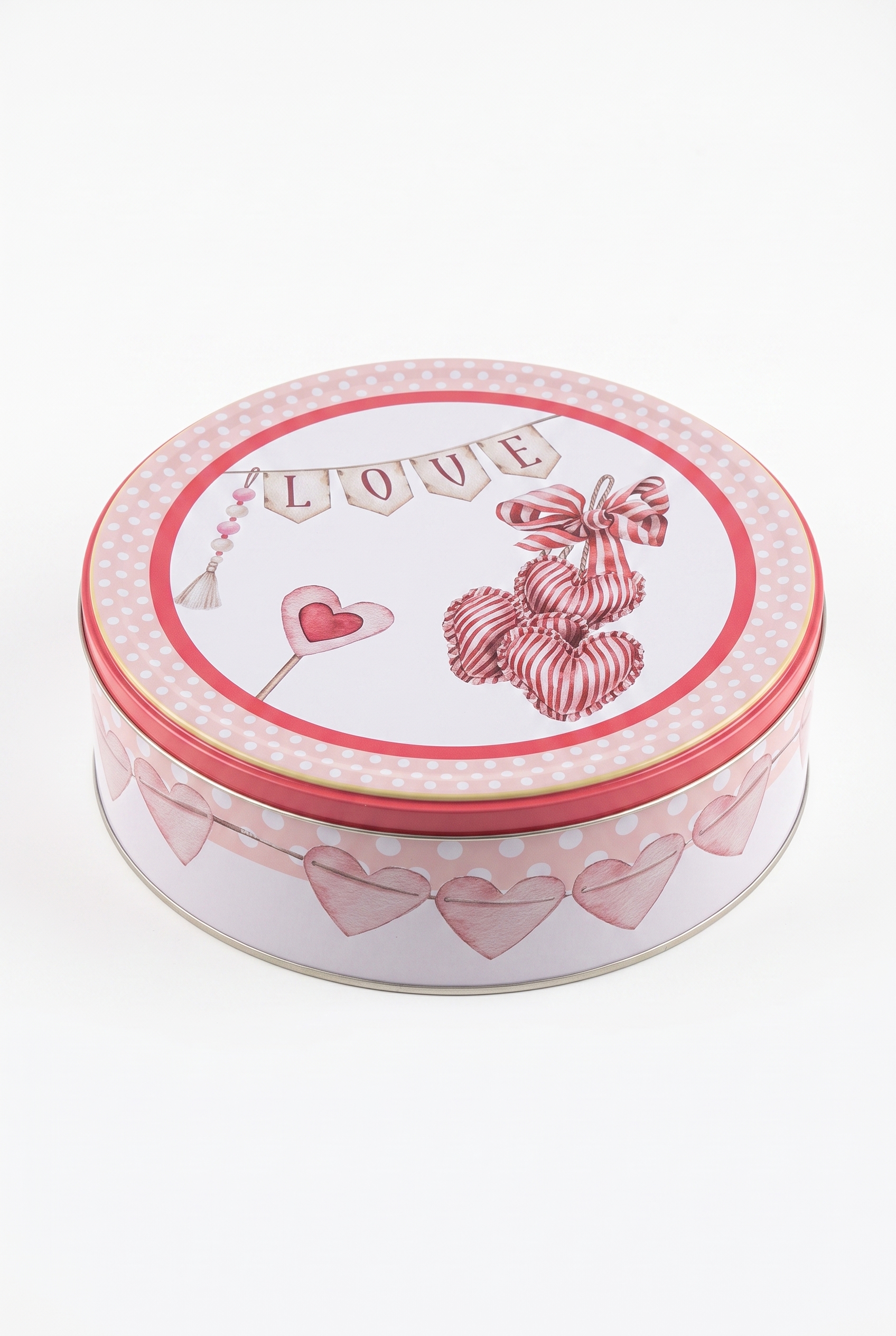 Valentine Kalp Desenli Pembe Puantiyeli Yuvarlak Metal Hediyelik Kutu - Ø240x70 mm — Yuvarlak Kutular — görsel 1 / 4 — Tinbox
