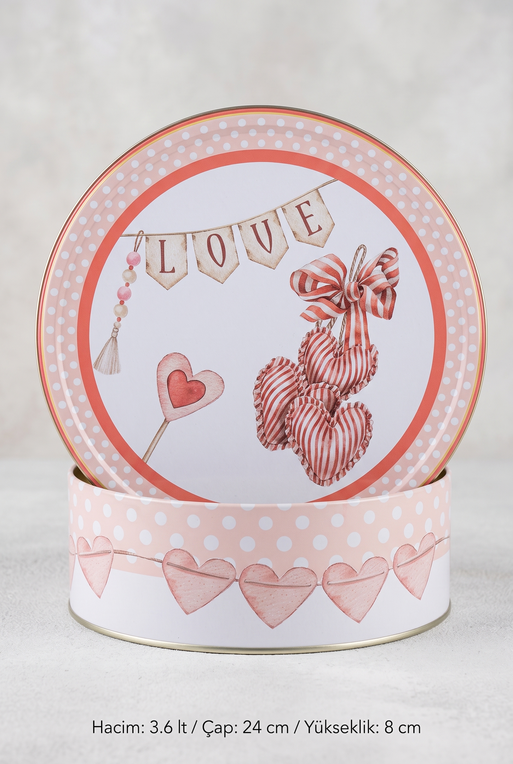 Valentine Kalp Desenli Pembe Puantiyeli Yuvarlak Metal Hediyelik Kutu - Ø240x70 mm — Yuvarlak Kutular — görsel 3 / 4 — Tinbox
