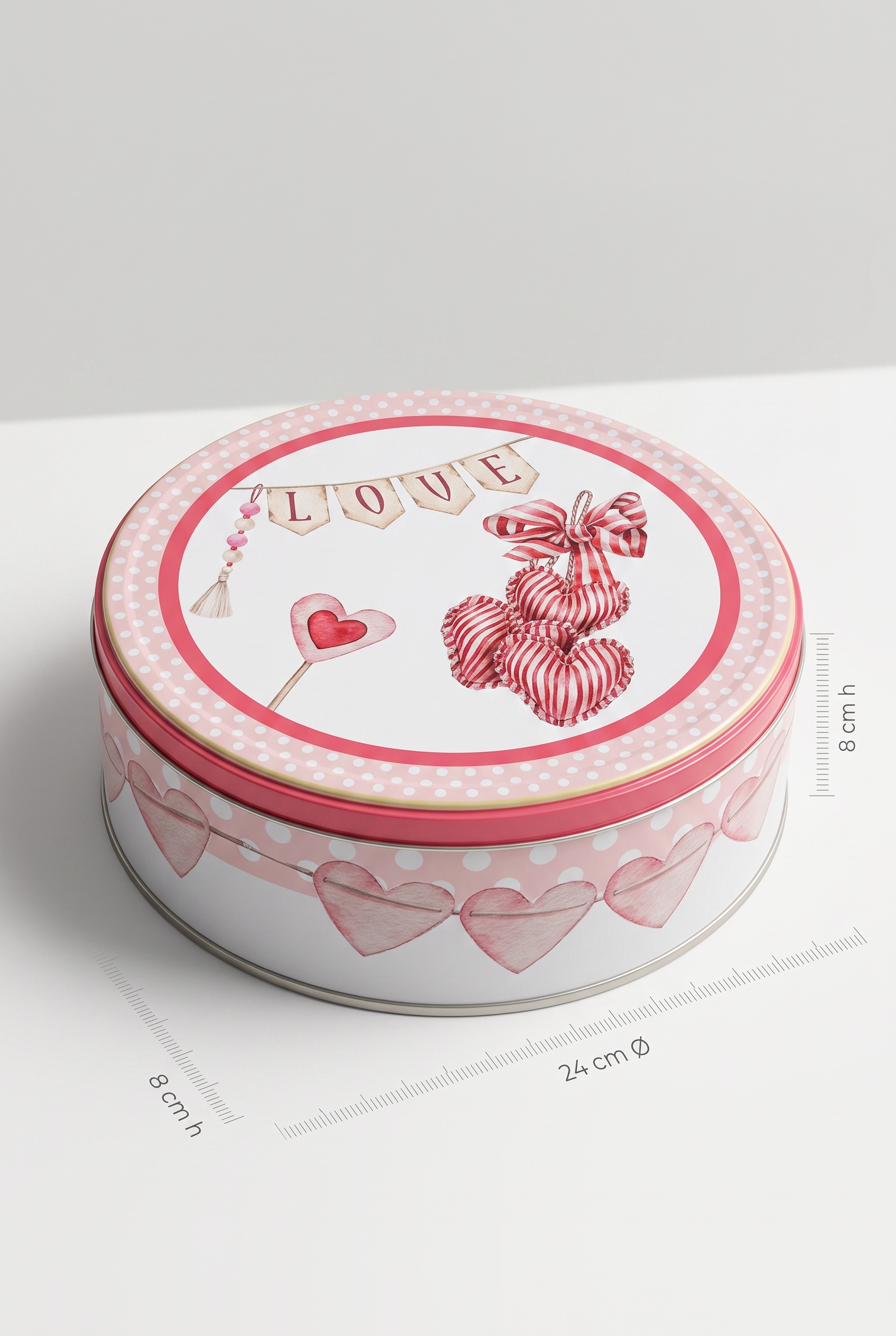 Valentine Kalp Desenli Pembe Puantiyeli Yuvarlak Metal Hediyelik Kutu - Ø240x70 mm — Yuvarlak Kutular — görsel 4 / 4 — Tinbox