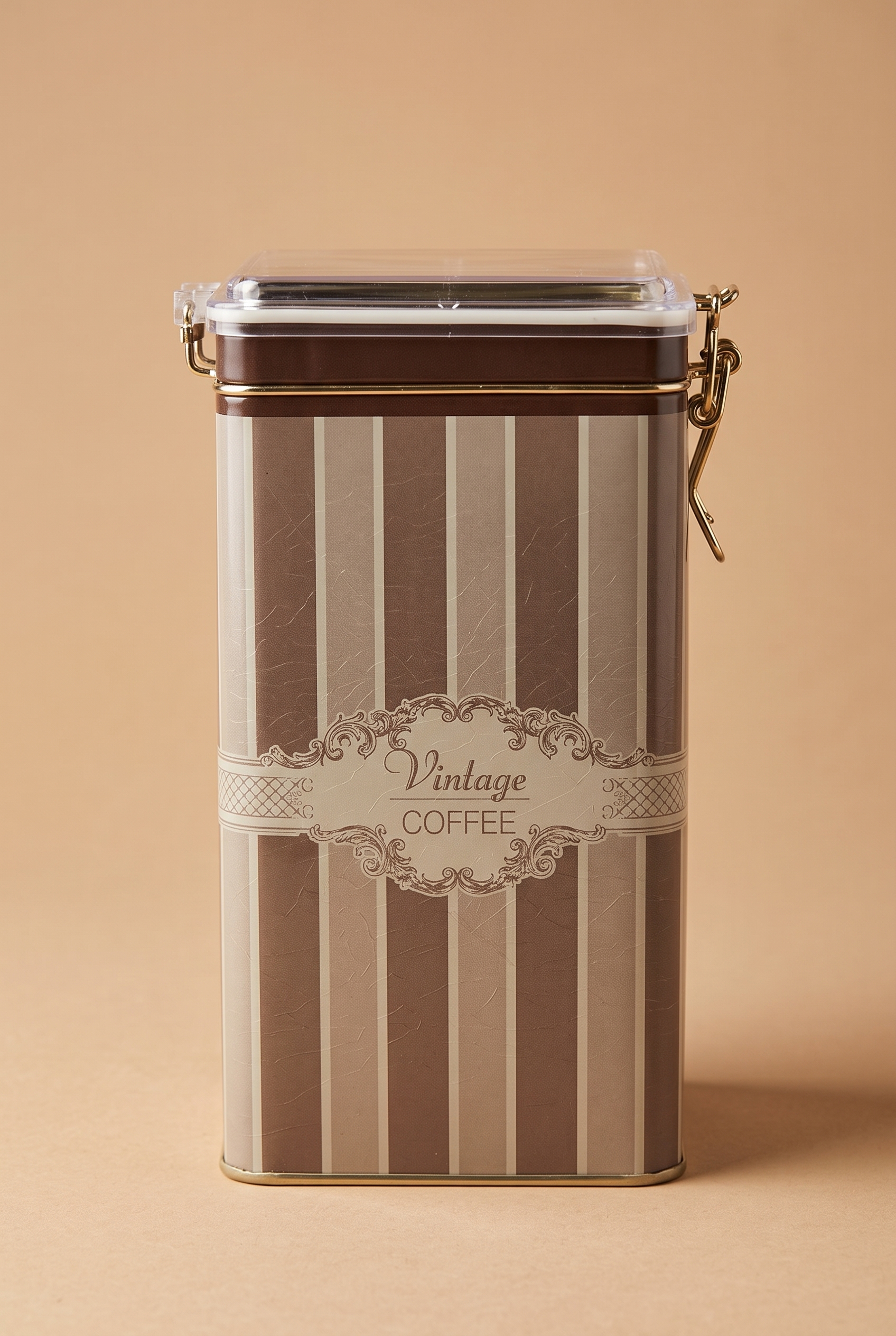 Elegance Vintage Coffee Şeffaf Kilitli Kapak Metal Kutu - 1,3 lt / 75x100x190 mm — Dikdörtgen Kutular — görsel 1 / 4 — Tinbox