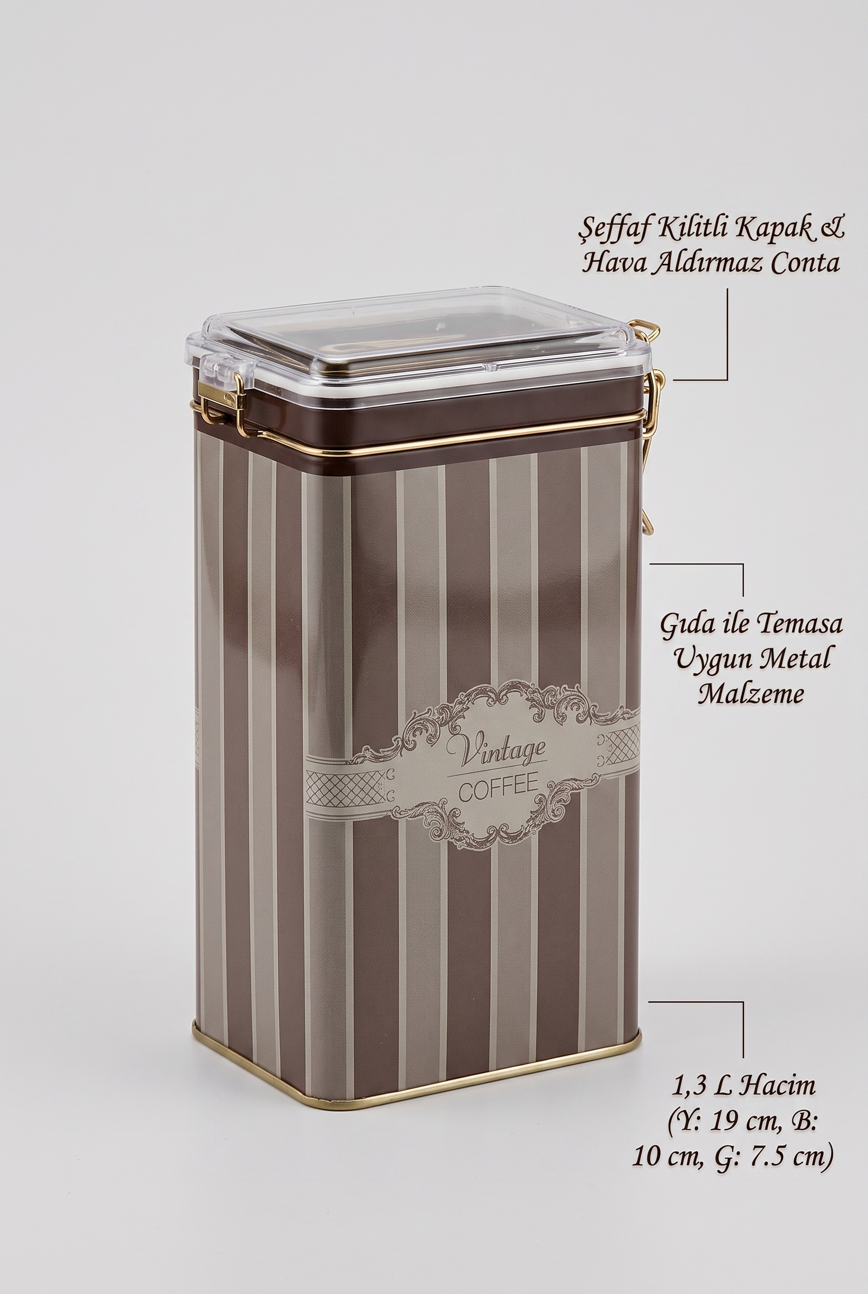 Elegance Vintage Coffee Şeffaf Kilitli Kapak Metal Kutu - 1,3 lt / 75x100x190 mm — Dikdörtgen Kutular — görsel 3 / 4 — Tinbox