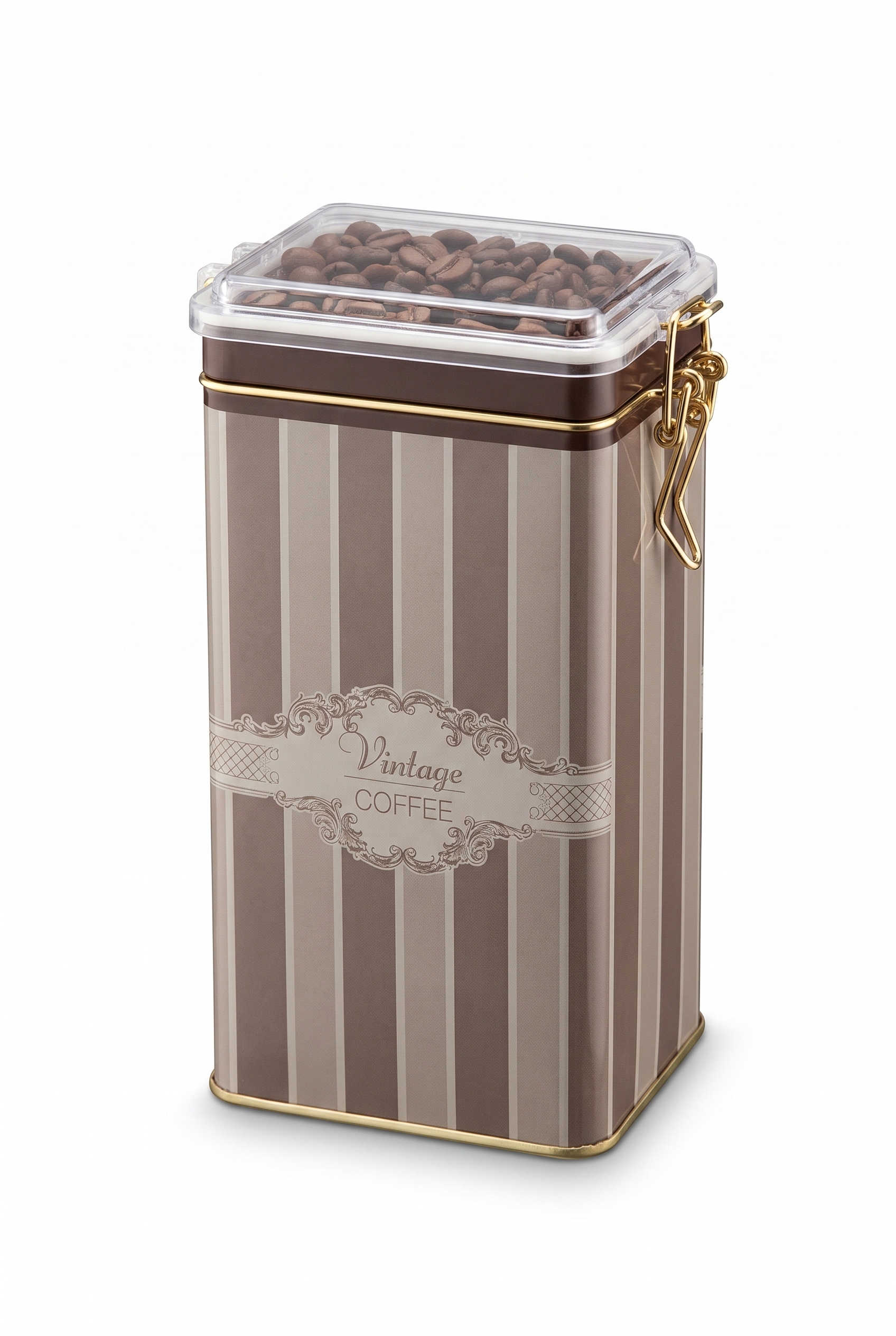 Elegance Vintage Coffee Şeffaf Kilitli Kapak Metal Kutu - 1,3 lt / 75x100x190 mm — Dikdörtgen Kutular — görsel 4 / 4 — Tinbox