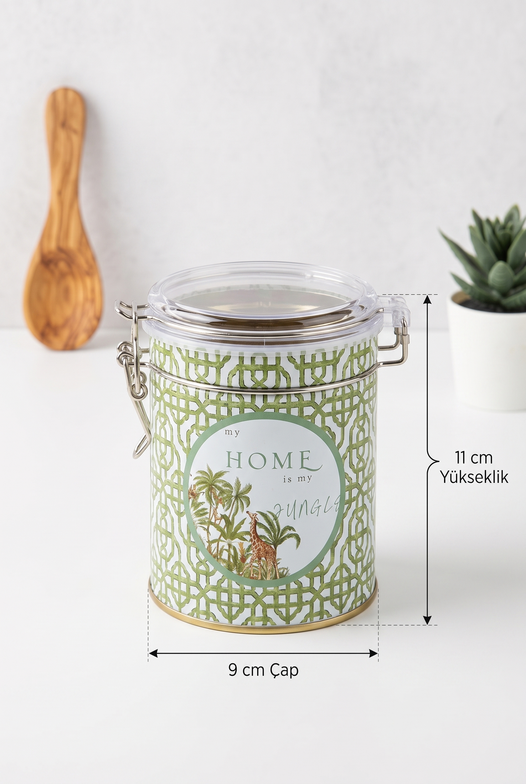Forest Green Home Yuvarlak Şeffaf Kilitli Kapak Metal Kutu - 0,6 lt / Ø90x110 mm — Yuvarlak Kutular — görsel 2 / 3 — Tinbox